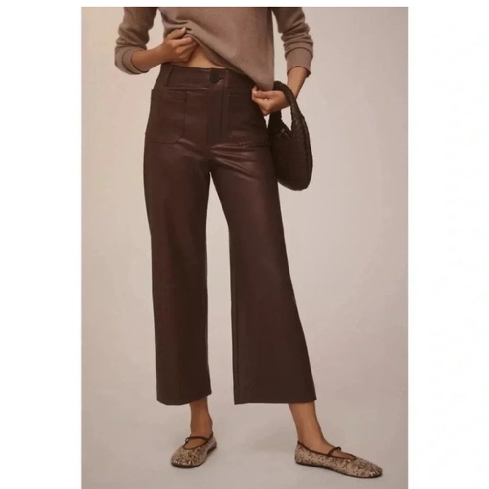Anthropologie The Colette Cropped Wide Leg Pant Faux Leather Plum Sz 27 Petite
